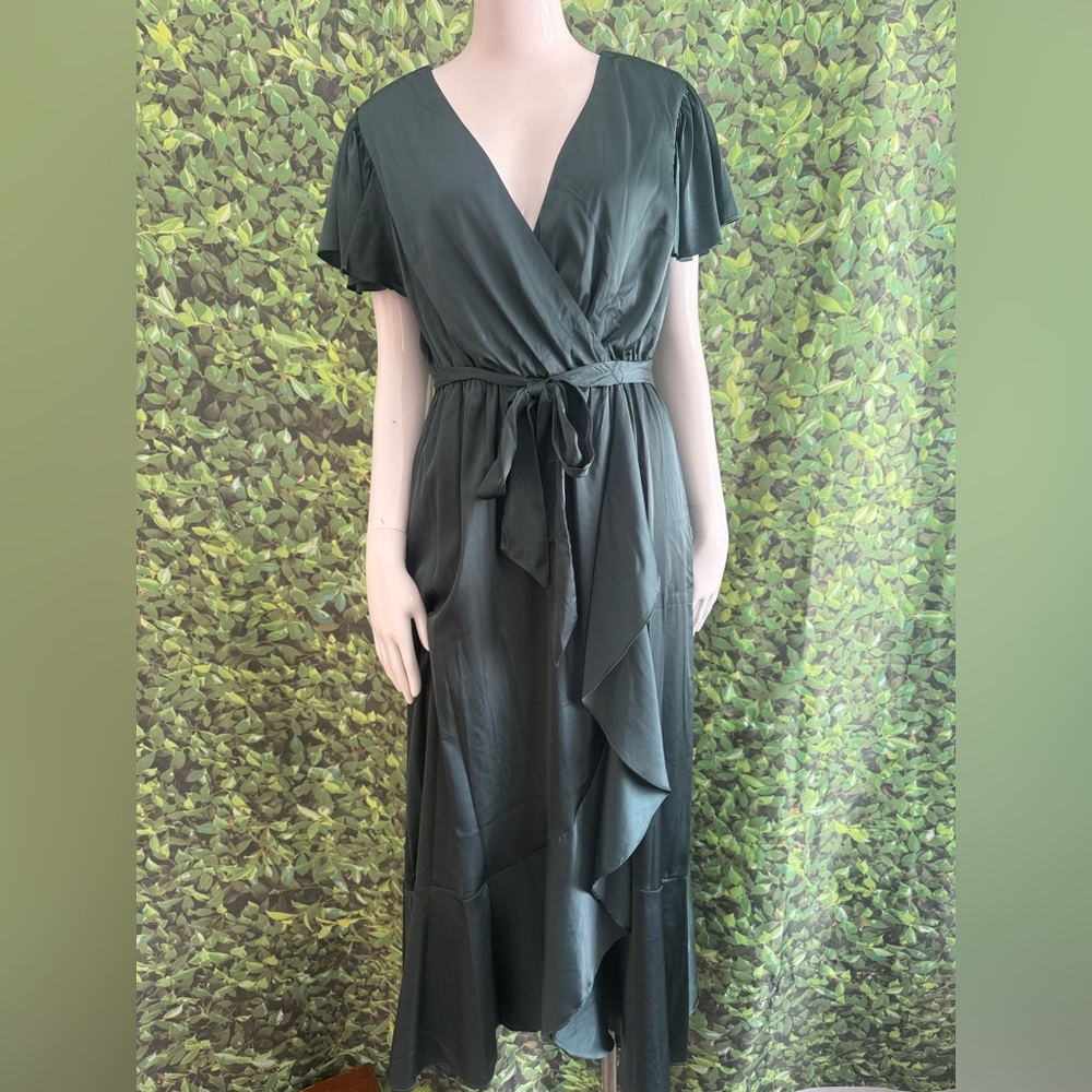 Nicole Miller Asymmetrical Dark Green Wrap Dress